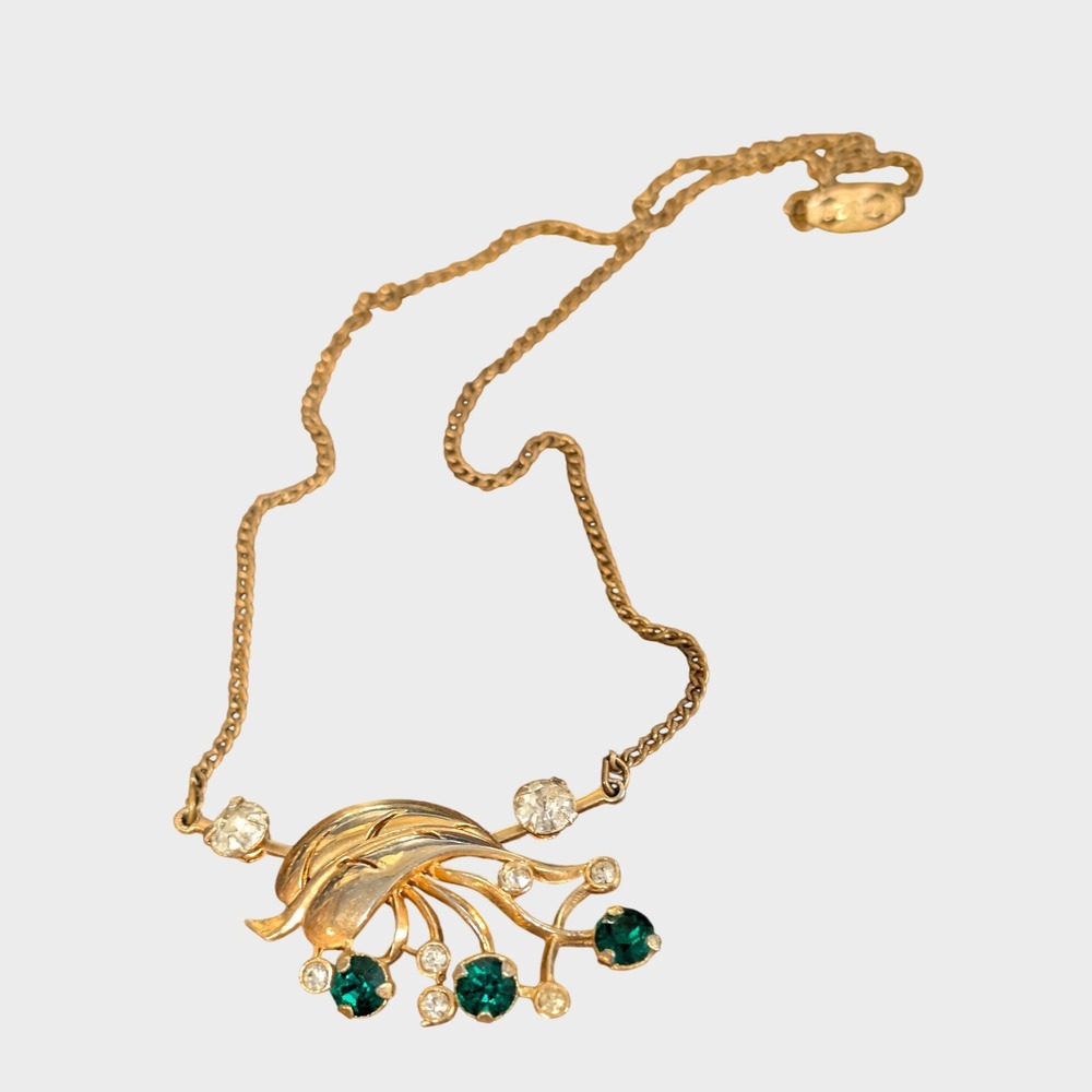 Vintage Floral Necklace Green Rhinestones Gold tone 27" Retro Women